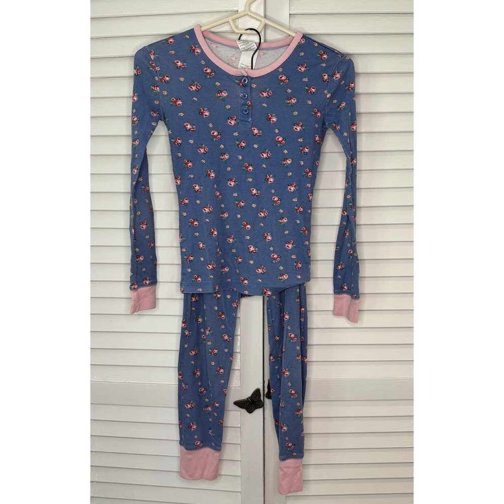 Mini Boden Girls Size 11Y Blue Floral Henley Long Sleeve Pajama Set